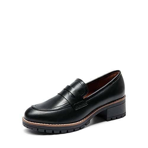 Image of DREAM PAIRS Womens Moccasin Loafers, Slip On Platform Chunky Penny Heeled Loafers for Women Dressy and Work, Womens Business Casual Shoes,Size 4.5,Black-Pu,SDLS2319W
