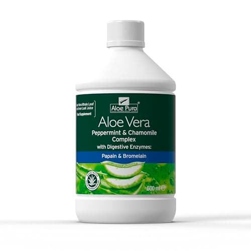 Image of Aloe Pura Aloe Vera Peppermint & Chamomile Juice, Natural, Vegan, Cruelty Free, Digestive Enzymes, Papian & Bromelain, Food Supplement, 500 ml