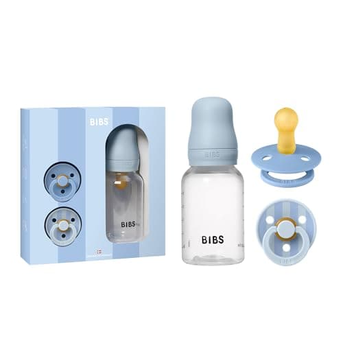 Image of BIBS Baby Gift Set, with a 150 ml Baby Bottle and a 2-Pack of BIBS Colour Dummies, BPA Free Dummy Pacifier with a Latex Round Teat, Designed in Scandinavia, Size 1 (0-6 Months), Baby Blue