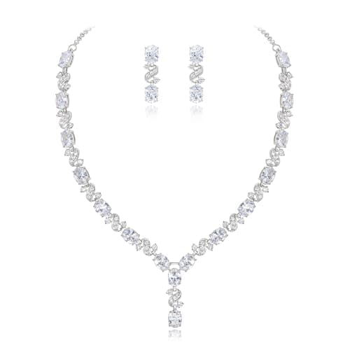 Image of Clearine Women's Wedding Bridal Cubic Zirconia Infinity Y-Shape Tennis Necklace Dangle Earrings Set Clear Silver-Tone