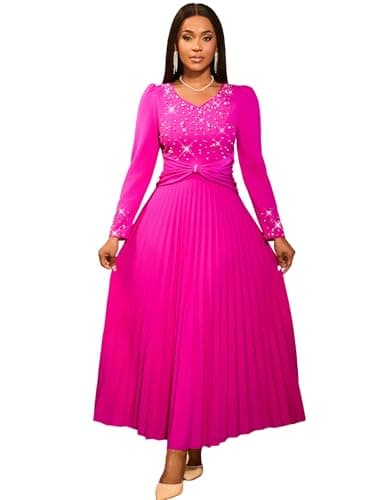 Image of AOMEI Womens Elegant Bead Long Sleeve Evening Maxi Dress Formal Dinner Party A-Line Pleated Dresses for Women (Rose,XXL)