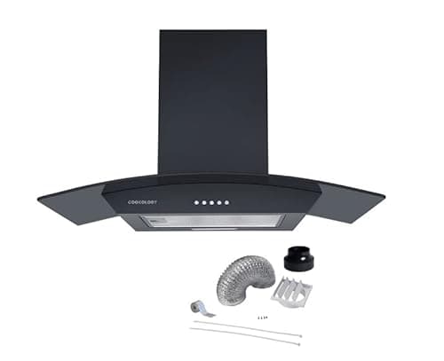 Image of Cookology CGL700BK/A Energy A Rated 70cm Smoked Curved Glass Chimney Cooker Hood & Ducting Kit - Black
