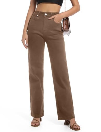 Image of Guaile Women's Jeans High Waisted Straight Leg Stretchy Jeans Trendy Wide Leg Tummy Control Loose Casual Denim Pants, Brown, 14 Long
