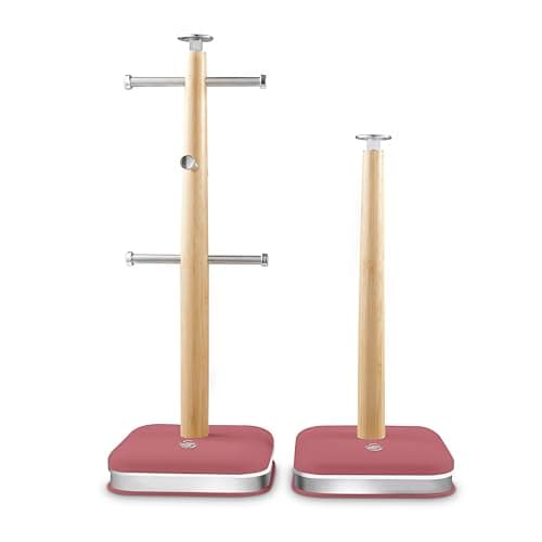 Image of Swan Nordic SWKA18525FUS Towel Pole and 6 Cup Mug Tree Set with Soft Touch Finish, Stainless Steel Accents and Non-Slip Acacia Wood Bases, Fuchsia Rose