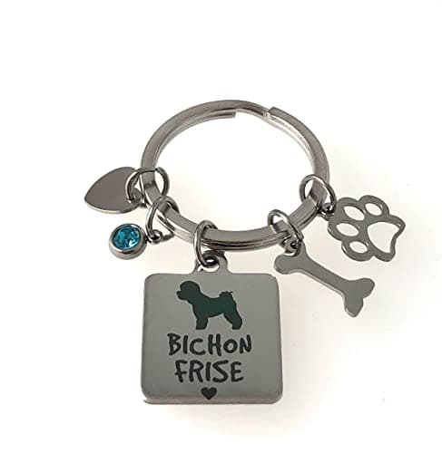 Image of FizzyButton Gifts Bichon Frise Puppy Dog Keyring Key Ring with Turquoise Rhinestone and Stainless Steel Bone, Paw and Heart Charms