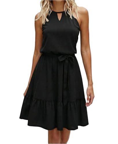 Image of Zeagoo Women's Summer Dress Ladies Dresses Casual Halter Neck Dress Keyhole V Neck Sundress Floral Beach Dresses with Pockets Black L