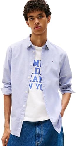 Image of Tommy Jeans Mens TJM Slim Stretch Oxford Dm0dm09594 L/S Shirt, Blue (Soft Sapphire), XS UK
