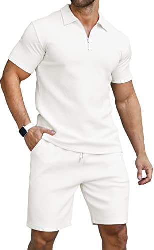 Image of KUYIGO Men's Zipper Polo Shirt and Drawstring Shorts Set for Outdoor Sports and Leisure L White
