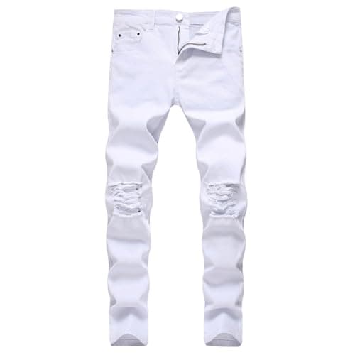 Image of Men's Slim-Fit Stretch Jeans Skinny Jeans for Men Distressed Straight Leg Fashion Comfort Flex Waist Pants Motorbike Denim Trousers Athletic Stylish Bottoms White 34