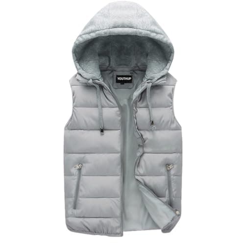 Image of YOUTHUP Men's Outwear Gilets Winter Padded Gilet with Hood Thick Puffer Quilted Body Warmer Sleeveless Jacket Grey, M