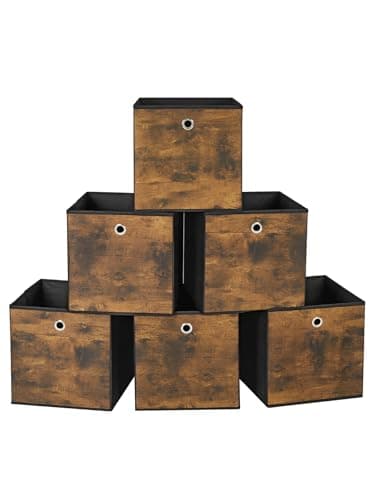 Image of SONGMICS RFB102B01 Storage Box, Set of 6, Box with Handle, Non-woven and Oxford Fabric, 30 x 30 x 30 cm, Suitable for Cubic Furniture, Foldable, Clothes, Rustic Brown and Black