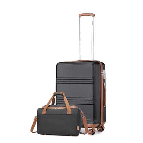 Image of Kono Luggage Sets of 2 Piece Lightweight 52x38x21cm ABS+PC Hard Shell Travel Carry on Suitcase with TSA Combination Lock + Ryanair 40x20x25cm Cabin Bag (Black+Brown, 20 Inch Luggage Set)
