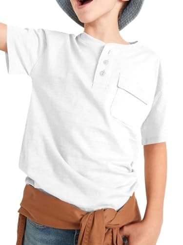 Image of Haloumoning Short Sleeve T-Shirt Boys Summer Henley Tee Basic Shirts Children's Tops with Pocket, White, 4-6 Years