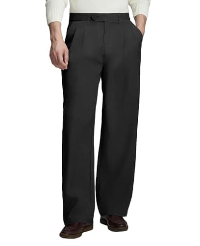 Image of FEDTOSING Dress Trousers for Men Casual Baggy Pleated Wide Leg Pants Loose Fit Slacks Old Money Work Office Elastic Waist Black