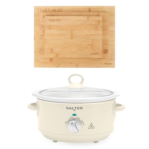 Image of Salter Retro 3.5L Slow Cooker & Bamboo Chopping Board Set – 200W Cream Electric Cooker with 3 Heat Settings & Tempered Glass Lid, 3-Piece Cutting Boards for Meat, Fruit & Vegetables