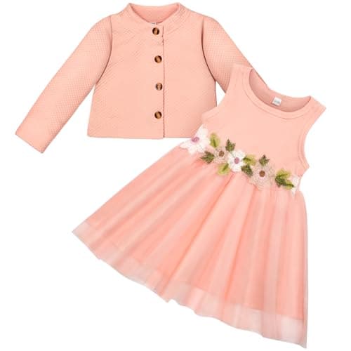 Image of Vicloon Toddler Baby Girls Dress and Cardigan Set, Sleeveless Princess Tutu Dresses with Outfits Coat for Toddler Girl 9-12 Months, Pink
