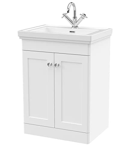 Image of nuie CLC125A Classique Traditional Bathroom Floor Standing 2 Door Vanity Basin Unit with 1 Tap Hole Fireclay Basin, 600mm, Satin White