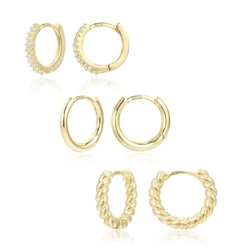 Image of Small Gold Hoop Earrings for Women, ALEXCRAFT 14K Goldplated Huggie Earrings with Zirconia Small Hoop Earings Cartilage Sleepers Hypoallergenic Earrings Sets for Multiple Piercing
