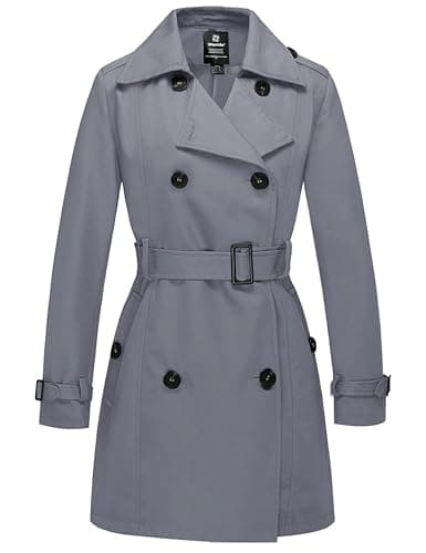 Image of Wantdo Women's Double-Breasted Waterproof Trench Coat Windproof Lightweight Outerwear Coats Belted Shoulder Epaulets Slim Fit Jackets Gray 16