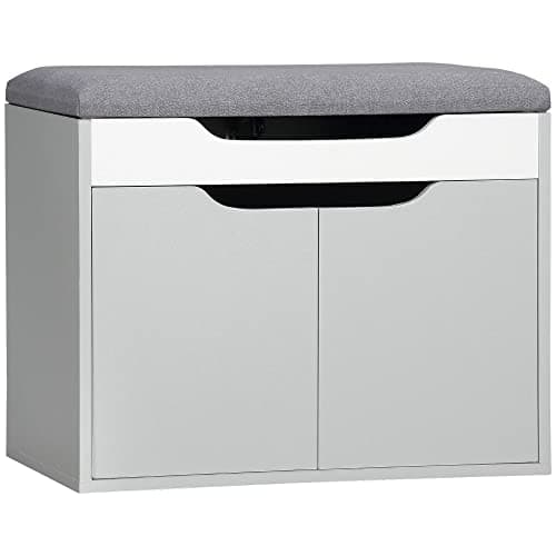 Image of HOMCOM Shoe Bench with Cushion, Modern Storage Bench with Padded Seat, 2-tier Cabinet, Hidden Storage, Adjustable Shelf for Living Room and Entryway, Light Grey