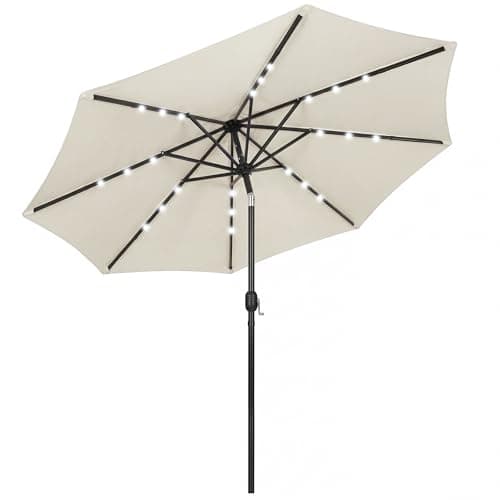 Image of Outsunny 2.6 m Garden Parasol Umbrella with LED Solar Light, Parasol Cover, Outdoor Table Market Patio Umbrella Sun Shade with Tilt and Crank, Vent, Cream White