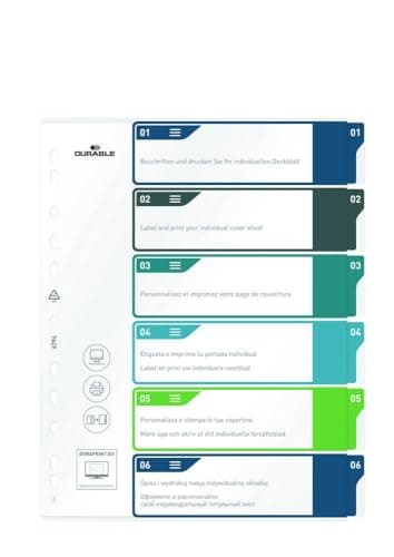 Image of Durable Index Set 1-6 A4+ Portrait - Writable Index Organisation Sheet - 100% Recyclable - Perfect For Organising A4 Documents - Multicoloured