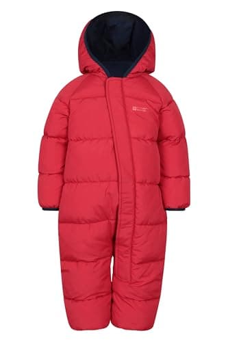 Image of Mountain Warehouse Frosty Kids Junior Padded Snowsuit - Puffer Jacket with Central Zip, Hand & Foot Cuffs, Fleece Lined - Autumn Winter Travelling & Outdoors Dark Red Baby Size 12-18 Months