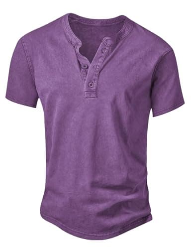 Image of Anelune Men's Distressed Henley Shirts Vintage Short Sleeve T-Shirt Washed Cotton Casual V-Neck Button Tee Tops Purple L