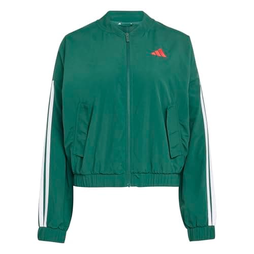 Image of adidas Women's ESSENTIALS 3-STRIPES WOVEN WINDBREAKER, team dark green/white, M