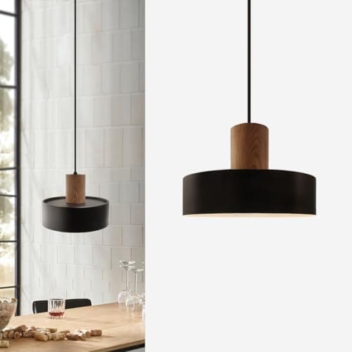 Image of Island Pendant Lights for Kitchen,Modern Black Pendant Light,Natural Wood and Metal Shade 9.8”,Industrial Adjustable Hanging Light for Sink,Dinning Room,Over Table,Bedroom,Bar,Farmhouse,Hallway,E26