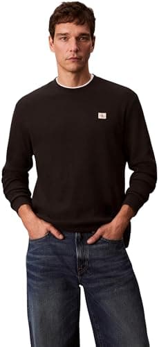 Image of Calvin Klein Men’s Waffle Badge Long Sleeve Top with Round Neck, Black (Black), L