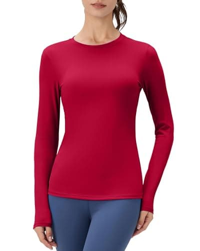 Image of POIHIDE Long Sleeve Workout Tops Women Activewear Sports Gym Workout Compression T Shirts Crew Neck Yoga Athletic Running Shirt Breathable Thermal Undershirts Base Layer Red