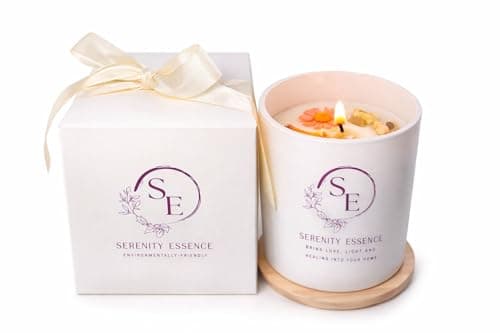 Image of SERENITY ESSENCE Large 450g Luxury Aromatherapy Scented Cinnamon & Orange Candle Paraffin Free & Soy Wax Crystal Candle with Wooden lid. Candle Gift Box with Ribbon (80 hrs)