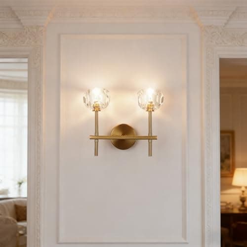 Image of CRFASIBE Crystal Wall Lights, G9 Art Decor Wall Lamp, Indoor Antique Brass Crystal Lighting Fixtures for Living Room, Bedroom, Hotel, Cafe (2 Light, ⌀12cm)
