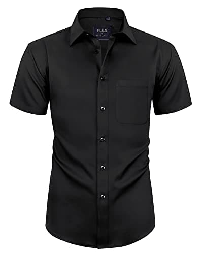 Image of siliteelon Mens Black Shirts Short Sleeve Stretch Dress Regular Fit Casual Business Summer Shirt with Pocket M