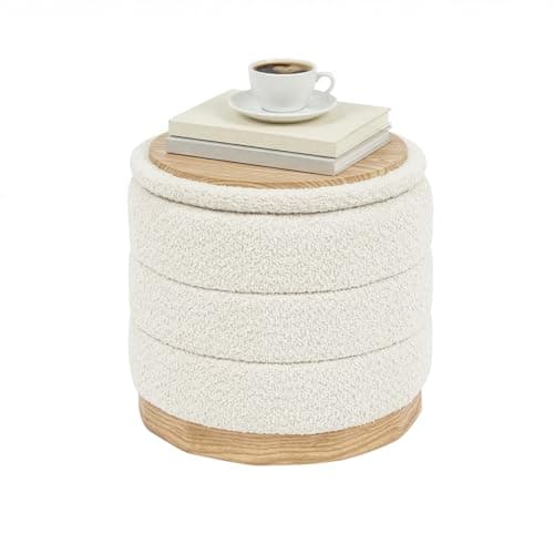 Image of PINPLUS Round Chenille Storage Ottoman with Tray Top, Foldable Footstool & Coffee Table, Padded Seat Box for Living Room, Bedroom, Entryway, 39×39×37 cm, Cream White