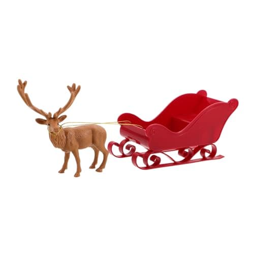 Image of SHINEOFI Christmas Reindeer Sleigh Figurine Set, Small Red Santa Sleigh Toy with Reindeer, Tabletop Holiday Decoration for Home and Winter Display