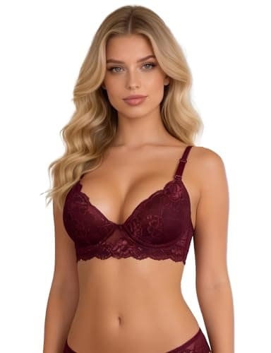Image of comeondear Push Up Bra for Women, Padded, Underwired, Lace, Balconette, Wide Back, Full Coverage, Minimiser, Breathe Soft, Burgundy, 36B