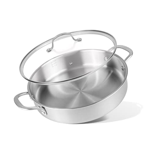 Image of Stainless Steel Cooking Pot – Induction Hob Stockpot with Glass Lid – Oven Safe Non Stick Shallow Casserole – 28cm – by Nuovva