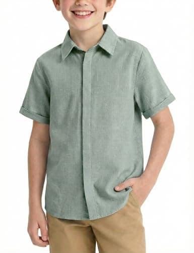 Image of Arshiner Boys Button-Down Shirt Short Sleeved - Soft, Breathable, Lightweight Basic Kids Shirts for Summer, Holidays, Casual and School 14-15 Years Green