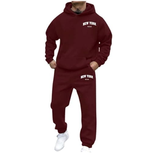 Image of NQyIOS Full Tracksuit Set Mens Full Zip Hooded Top Joggers Trousers Casual Fleece Gym Suit Jacket with Pockets Big and Tall Sweatsuits for Men Sportswear for Gym Running Exercise Fitness Wine