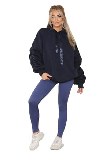 Image of HUBIBUBI Women's Ruched Sleeve Oversized Hoodie Ladies Ribbon Hoodie Jumper top Sizes 8-22 (UK, Numeric, 12, 14, Regular, Regular, Navy)