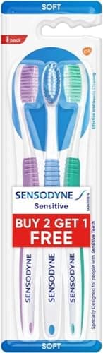 Image of Sensodyne Sensitive Soft Toothbrush 3 Pack – 2+1 Pack – Gentle for Sensitive Teeth & Gums – Soft Bristles, Oval Head, Slim Neck, Comfortable Grip – 3 Assorted Colours