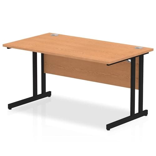 Image of OPO Impulse Freestanding 1400mm Rectangular Desk Silver Cantilever Leg | Sturdy Build Weather & Heat Resistant Melamine Finish Slim line Desk Oak Black
