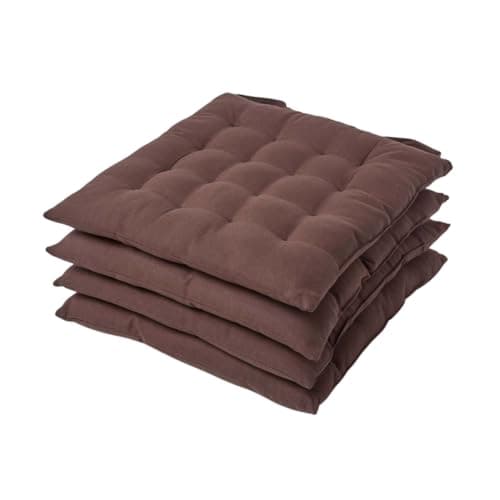 Image of HOMESCAPES Chocolate Brown Seat Pads for Dining Chair, Set of 4 100% Cotton Chair Pads with Straps, 40x40 cm
