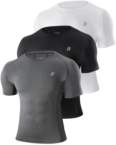 Image of Runhit Men's Compression Shirt, 3 Pack Black/White/Grey Running Tops, Short Sleeve Cool Dry Compression T-Shirts for Gym Fitness Training Football S