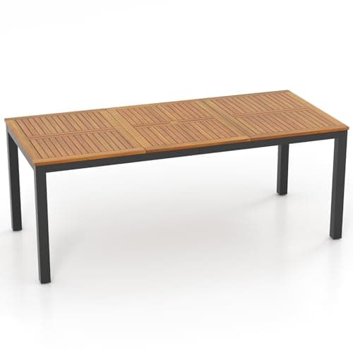 Image of COSTWAY 8 Seater Outdoor Dining Table, 2m Acacia Wood Garden Tables with Umbrella Hole, Metal Legs & Adjustable Foot Pads, Rectangular Bistro Patio Table for Poolside Backyard (200 x 90 x 75cm)