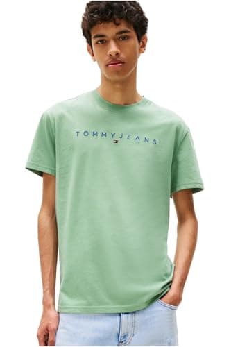 Image of Tommy Jeans Mens TJM Reg Linear Logo Tee Ext Dm0dm17993 S/S T-Shirt, Green (Cloudy Jade Multi), S UK