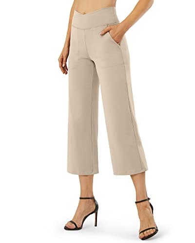 Image of G4Free Wide Leg Capri Yoga Pants for Women UK Tummy Control High Waist Stretchy Cropped Trousers with Pockets Workout 22"（Khaki-D016）