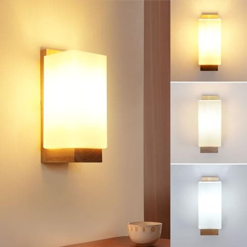 Image of Mckalen Wall Lights Indoor, E27 Modern Wall Lamp with Glass Lampshade 3 Colour Temperatures, Creative Wood Wall Lighting Fixtures for Living Room Bedroom Hallway, 3000K/4500K/6500K (Included E27 Bulb)
